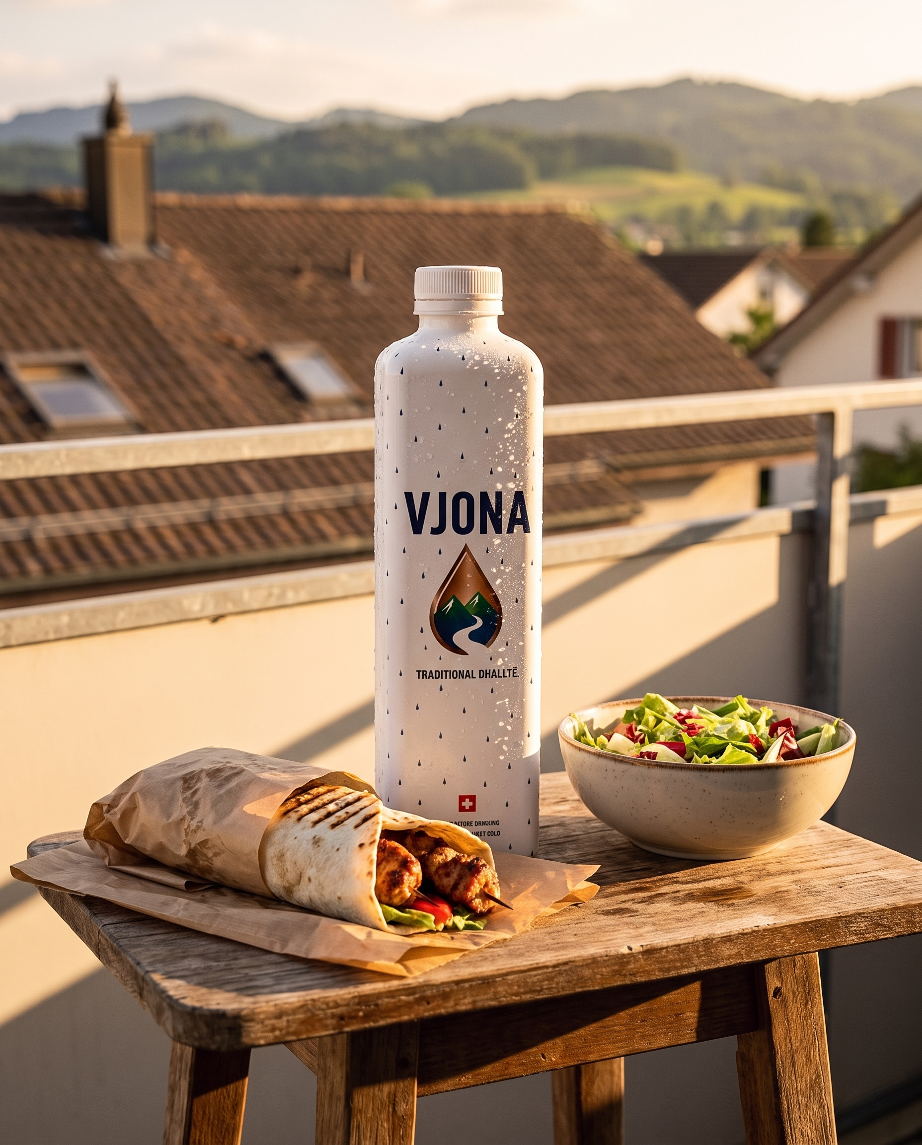 VJONA bottle on a summer balcony table with a meal