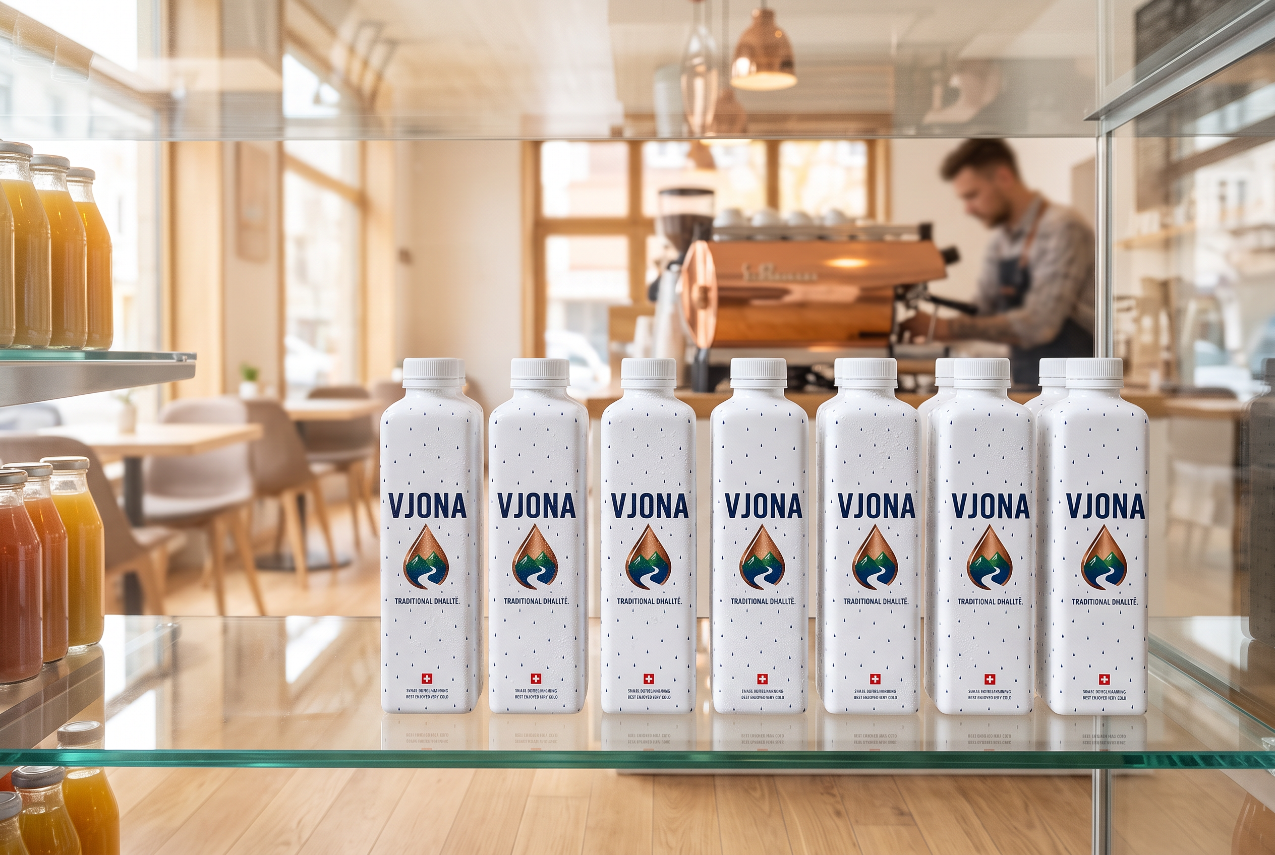 VJONA bottles in a café fridge