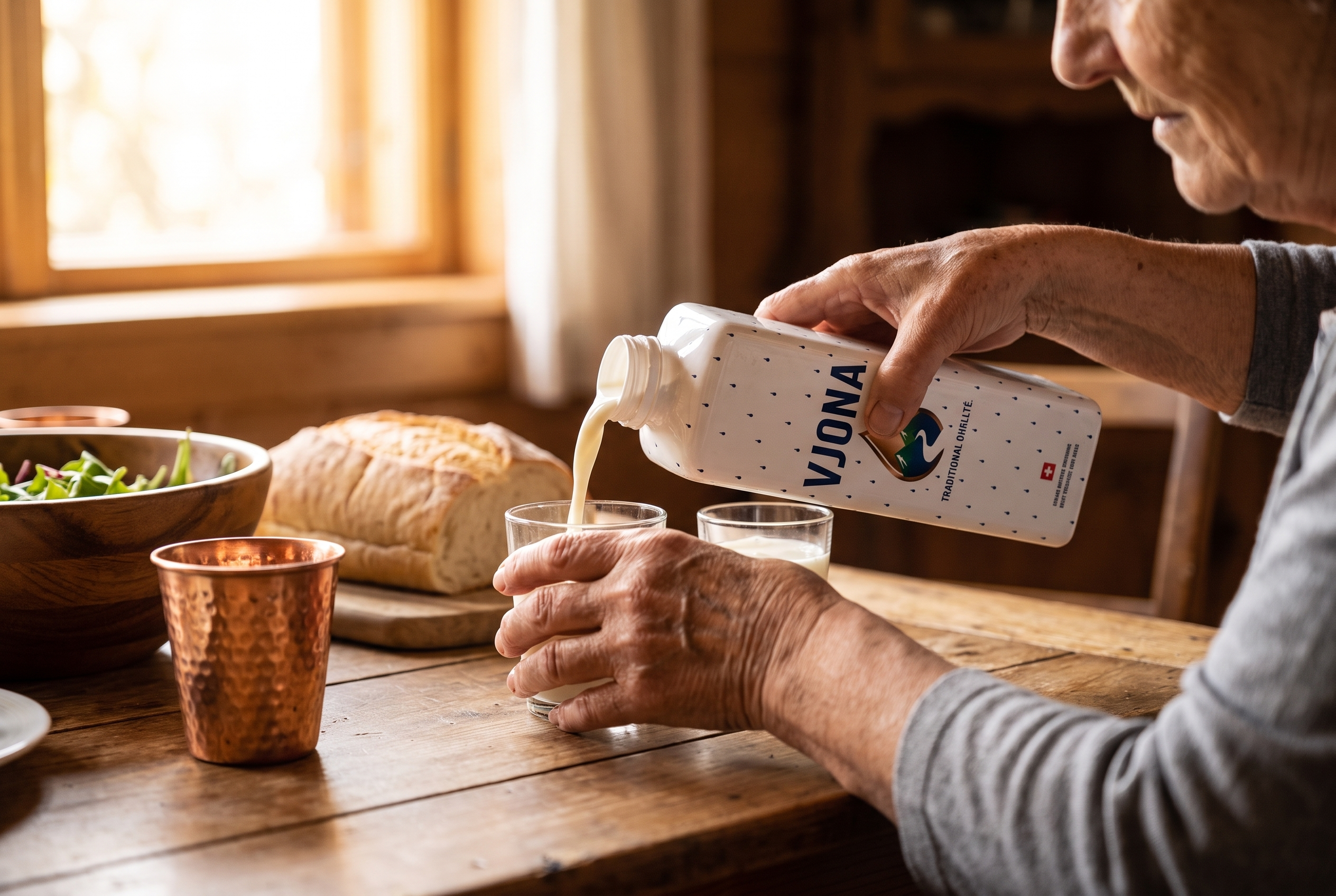 A grandmother pouring VJONA at a sunlit table