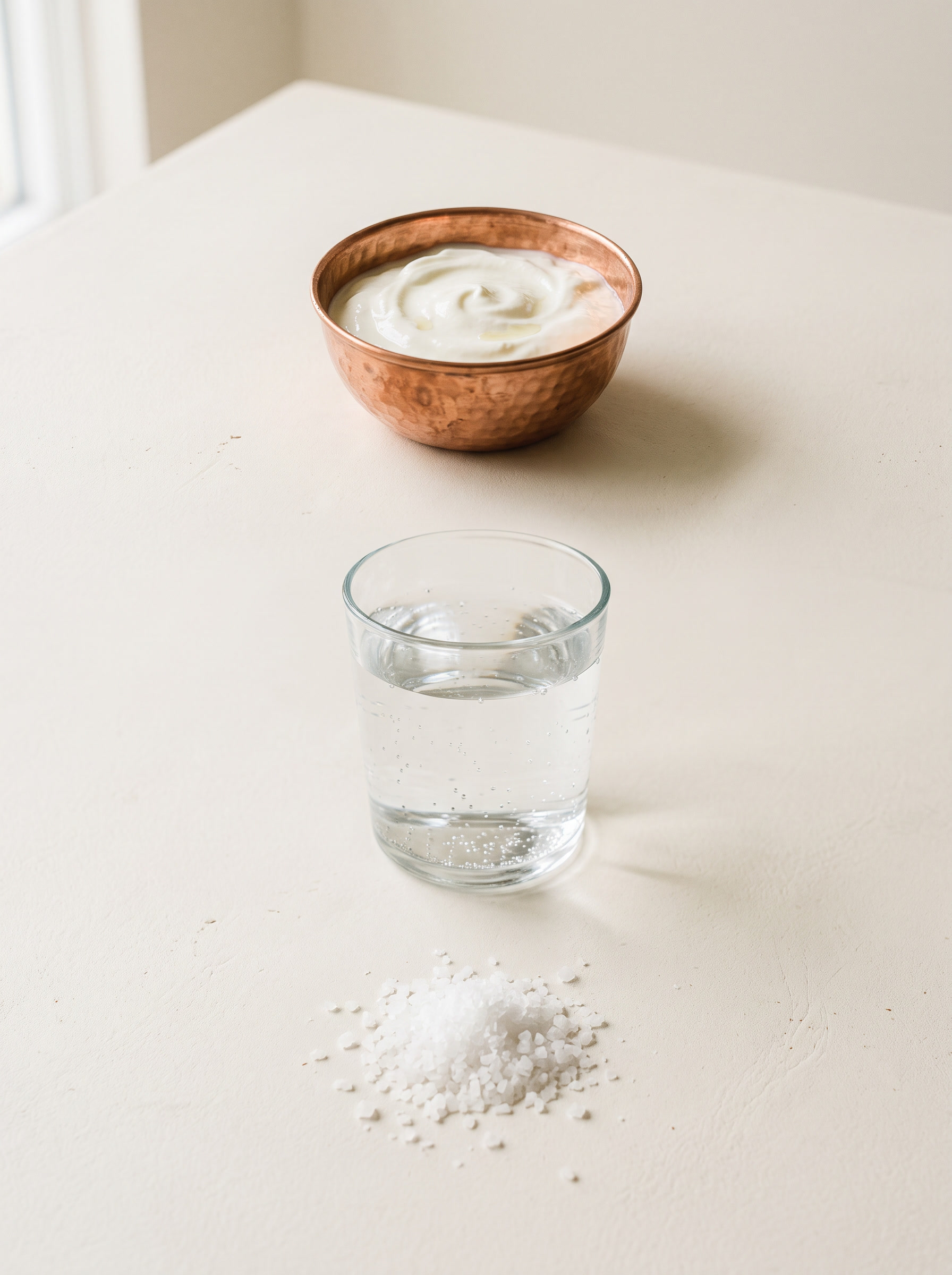 Yogurt in copper bowl, water and salt on cream