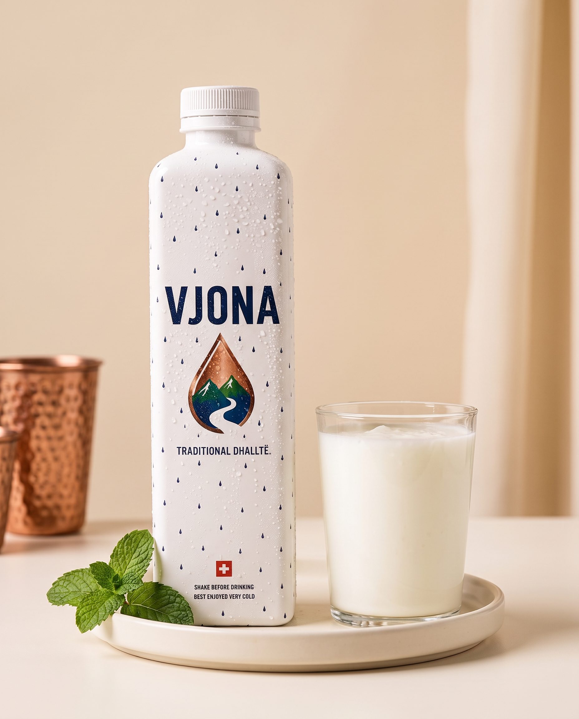 VJONA bottle with a served glass and fresh mint